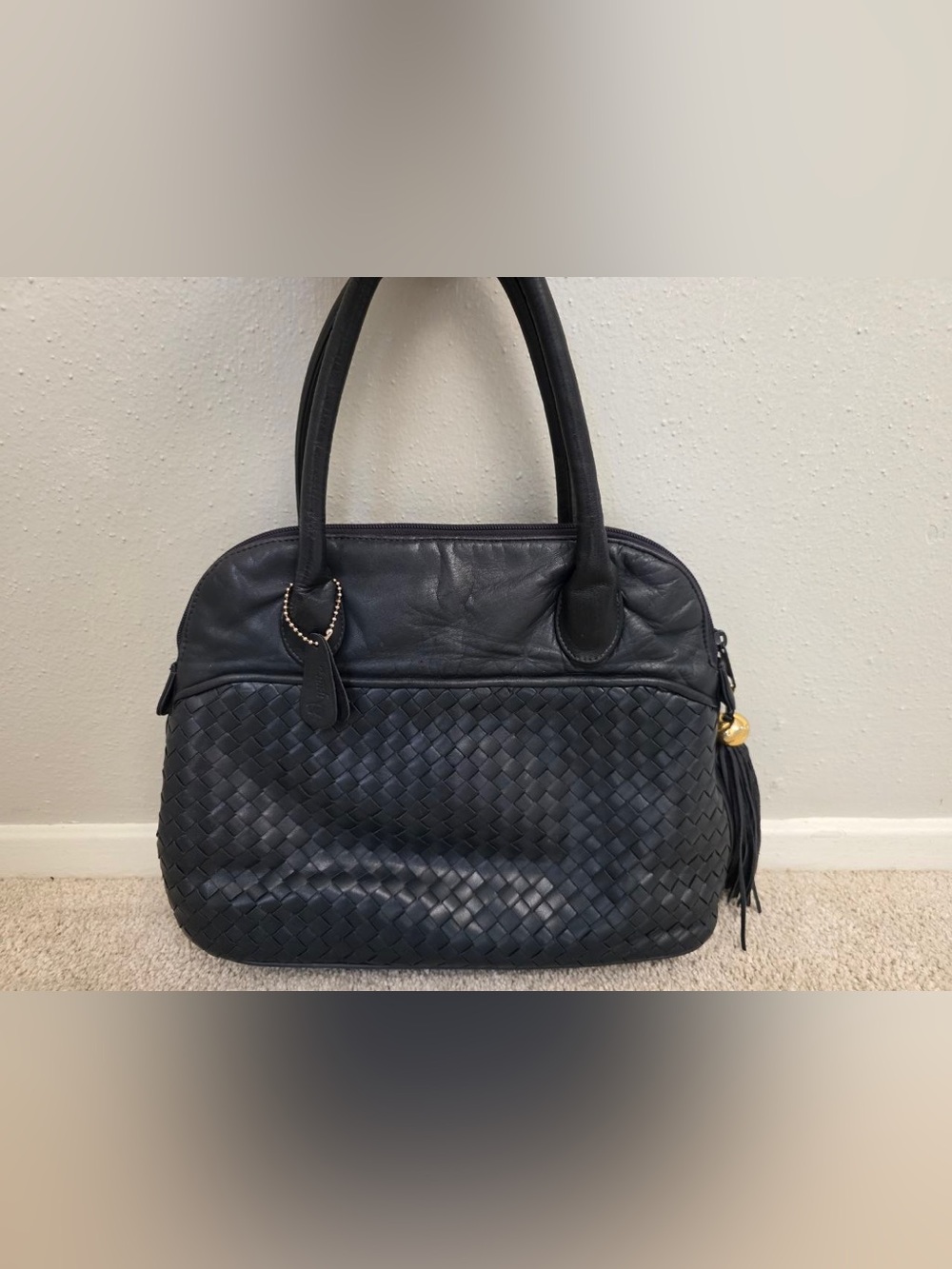 Vintage Aspects Black Woven Leather Handbag Satchel Tassel Gold Tone